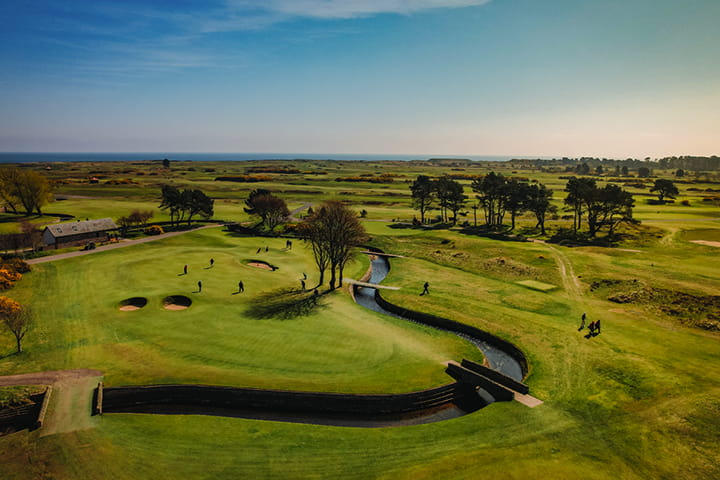 A drone shot of carnoustie Golf Links signature hole, hole 16