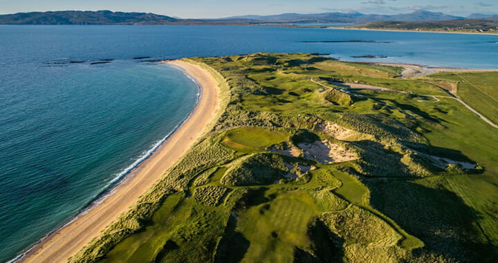 Drone shot of Narin and Portnoo Links golf Course in north west Ireland on the coast