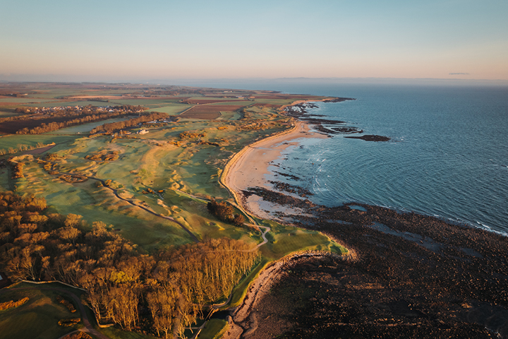 Kingsbarns Golf Links drone view over hole 15 the signature hole