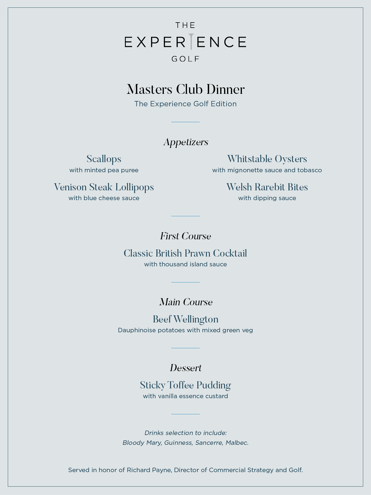 Richard Payne Masters Menu choices