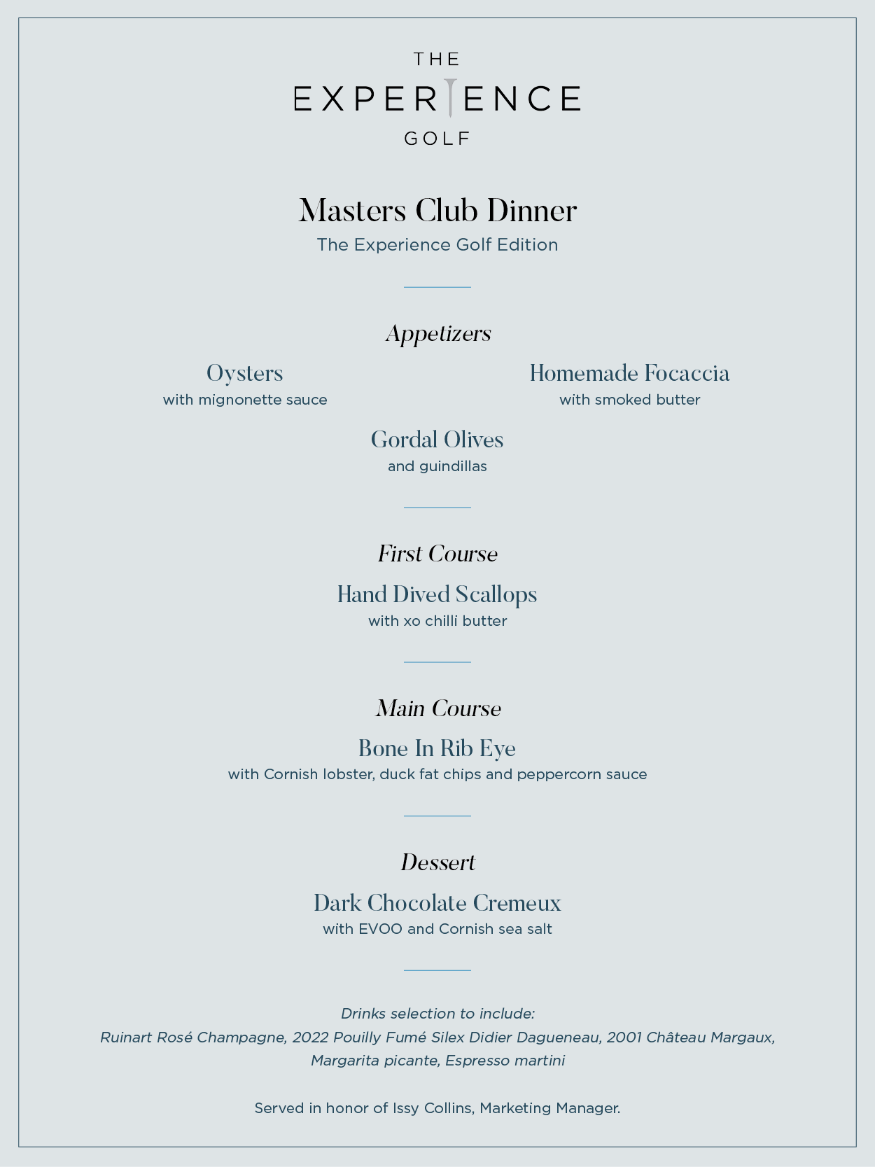 The Experience Golf's take on the Masters menu ahead of the 2026 masters