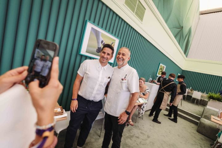 Michel Roux Jr and guests in The Lawn, The Championships Wimbledon 2025.