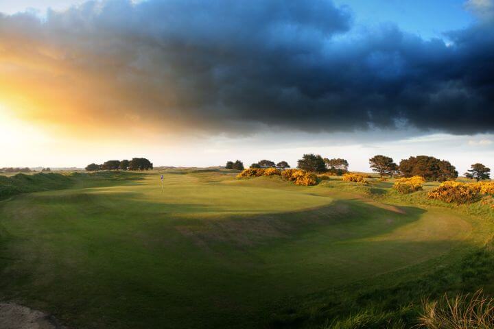 Dark clouds rolling over the Portmarnock Links golf course, Ireland