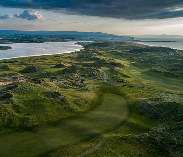 Sky view of the sea and golf course on the cliffs at the Portstewart Golf Course in Northern Ireland