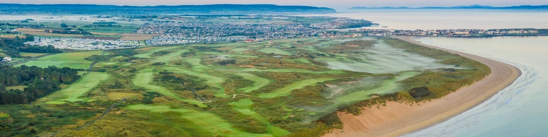 Inland birds eye view of Royal Portrush golf course, Northern Ireland