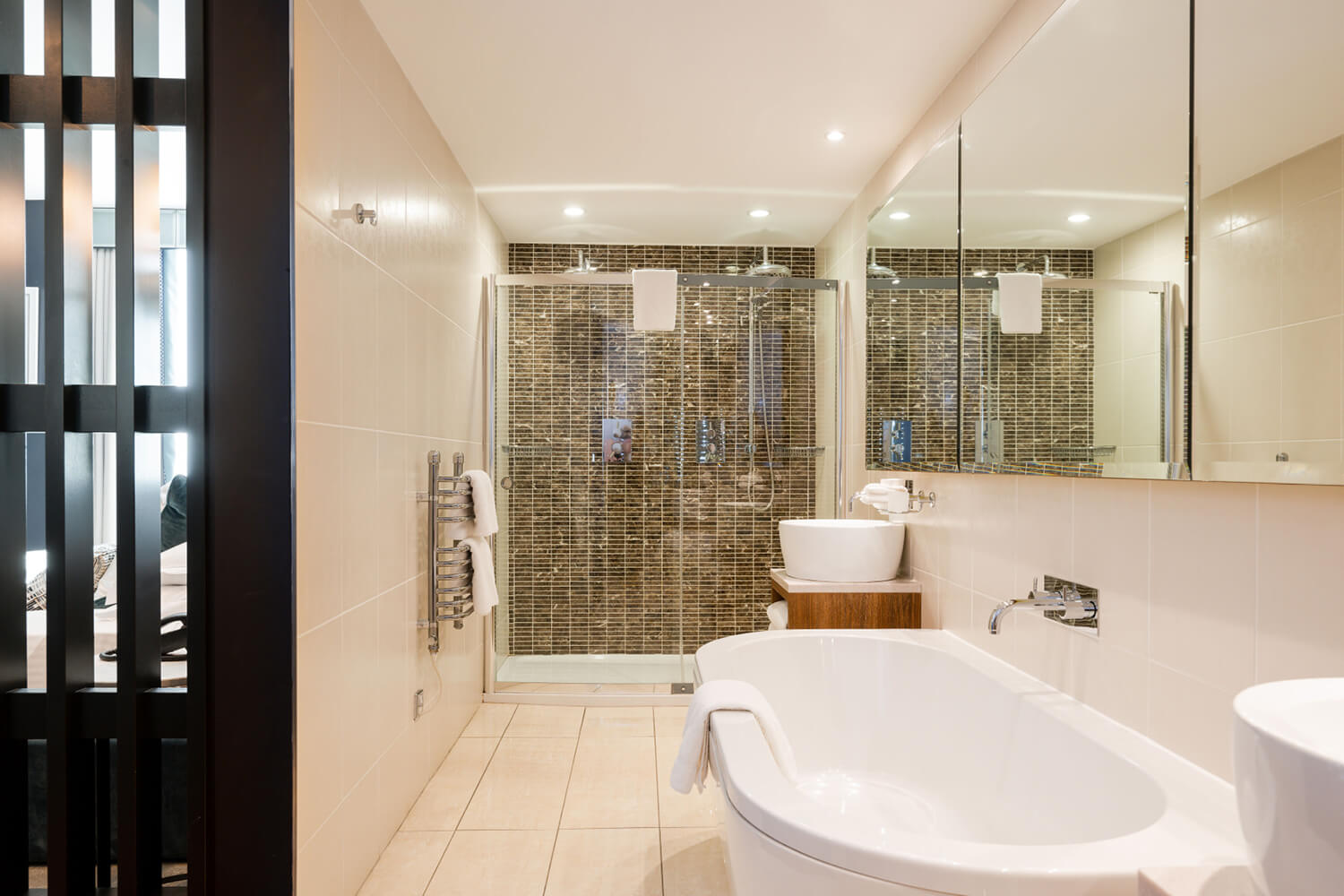 The En Suite bathroom in a hotel room in Europa Hotel, Belfast.