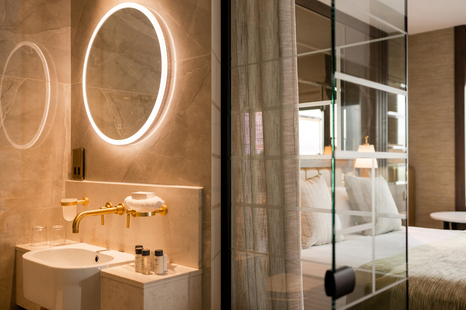 Bathroom and interiors at a hotel room in Europa Hotel, Belfast.