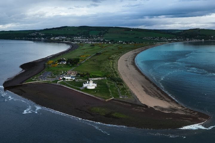 Panoramic view of the Fortrose and Rosemarkie golf course in Scotland from the sea