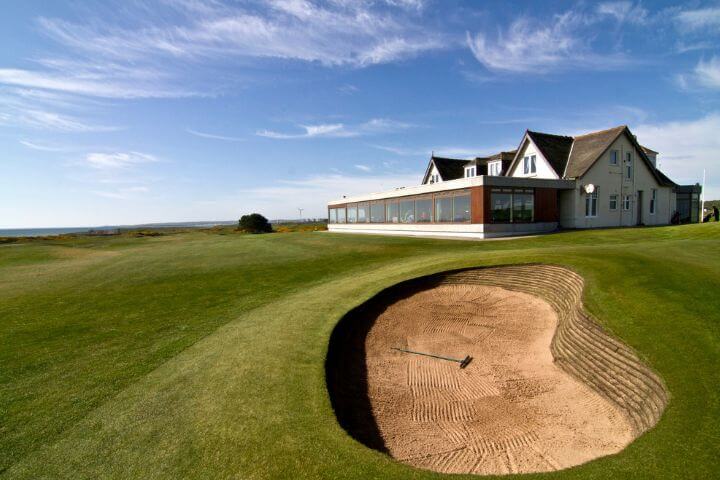 View of the clubhouse at the Murcar Links golf course in Scotland