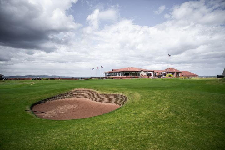 View of the clubhouse at Nairn golf course in Scotland