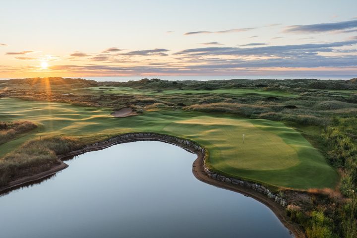 Sunset over the New Course at Trump International North Sea links, Scotland.