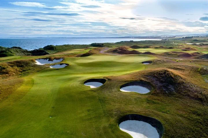 View of the bunkers on the golf course at the Dumbarnie Links Golf Course in St Andrews in Scotland