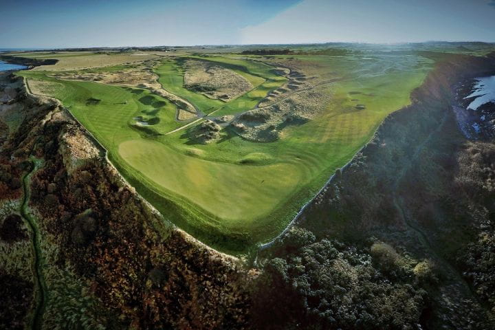 Aerial view of the greens at the Kittocks Course, Scotland.