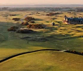 Aerial view of the iconic and world-famous golf course, The Old Course in St Andrews.