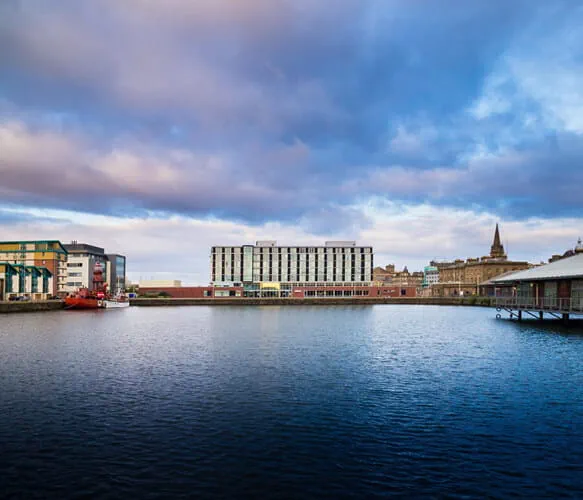 View of the outside of Apex City Quay Hotel in St Andrews Scotland 