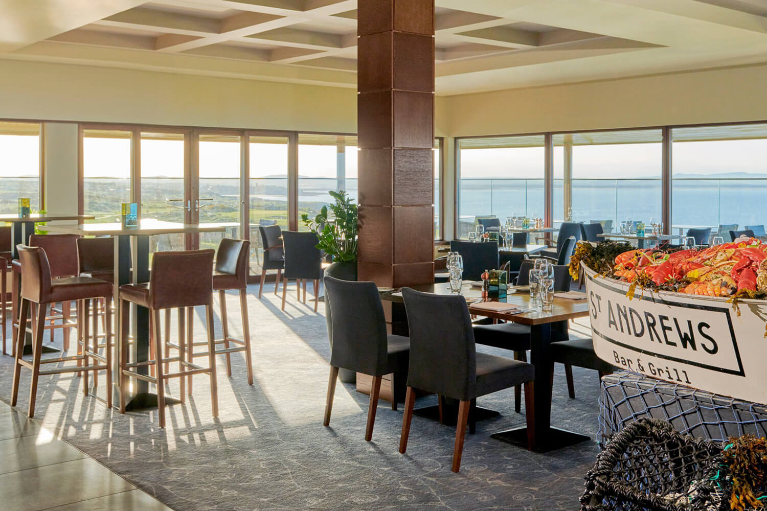Restaurant at the Fairmont Hotel in St Andrews Scotland with view looking out to the scenery