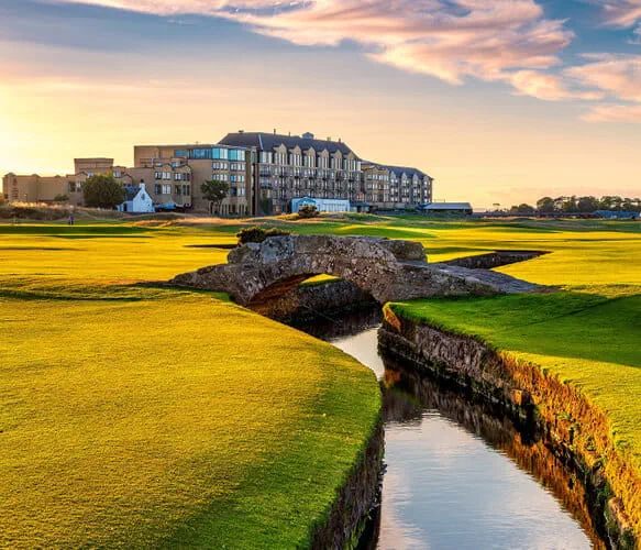 The bride over the river at The Old Course Hotel at St Andrews in Scotland 