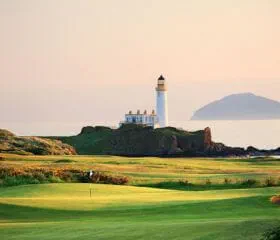View of the island in the distance from the King Robert the Bruce golf course in Scotland