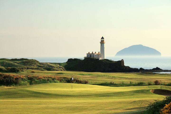 View of the island in the distance from the King Robert the Bruce golf course in Scotland