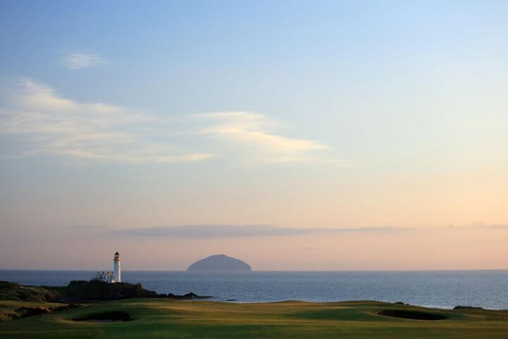 View of the island in the distance from the King Robert the Bruce golf course in Scotland