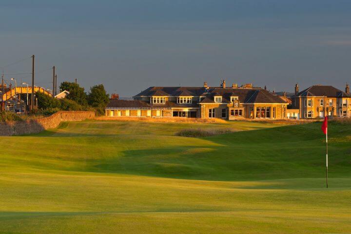 View of the clubhouse at Prestwick golf course in Scotland