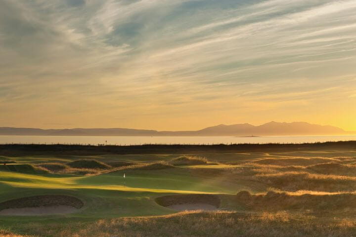 Sunset over the course at Prestwick golf course in Scotland