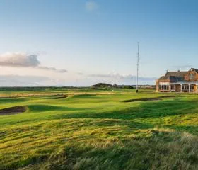 View of the clubhouse at the Royal Troon Old Course golf course in Scotland