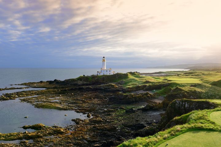 View of the course from the sea at The Ailsa golf course in Scotland