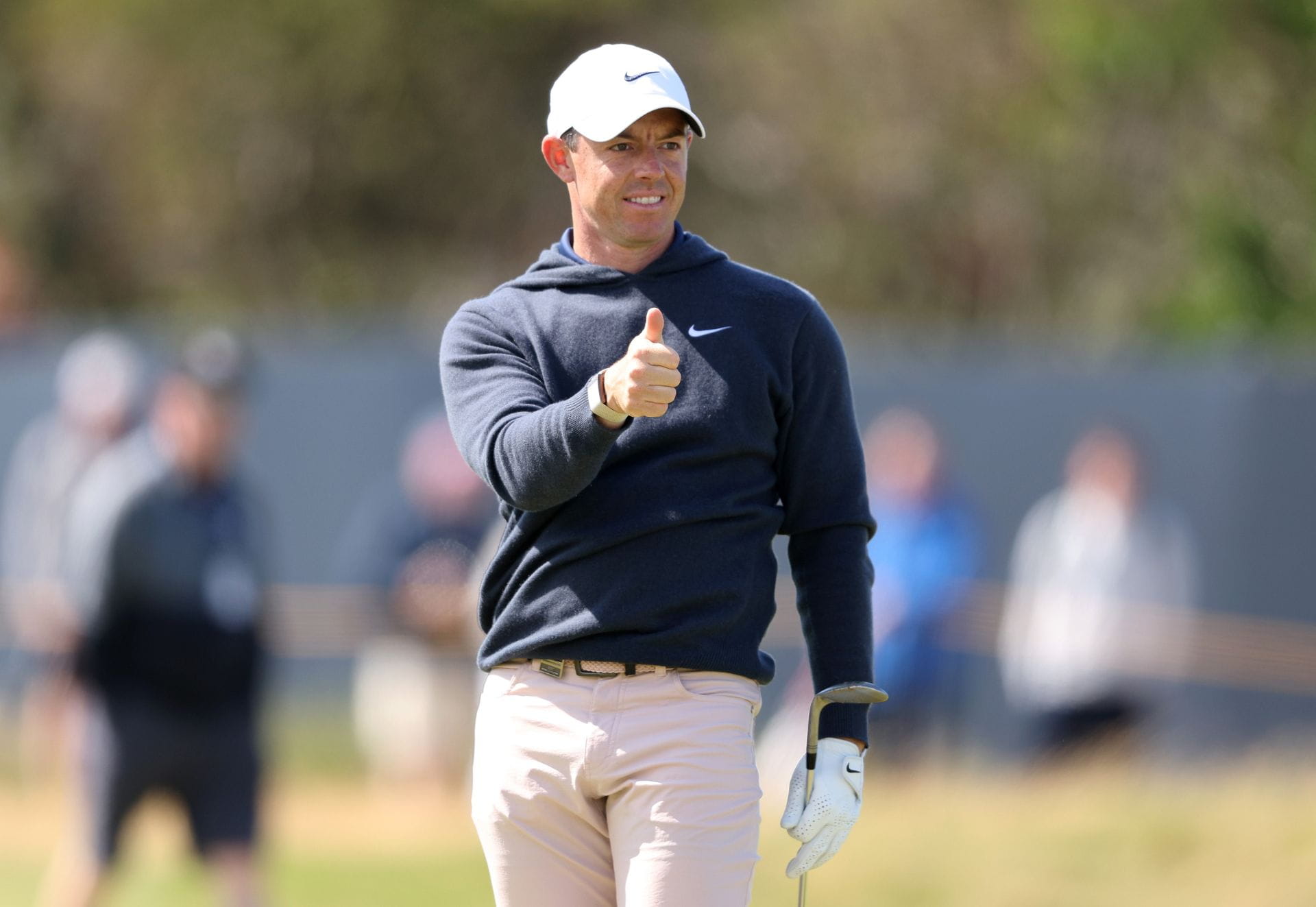 Rory McIlroy of Northern Ireland gives a thumbs up on the 2nd hole during a practice round at The 151st Open, Royal Liverpool 