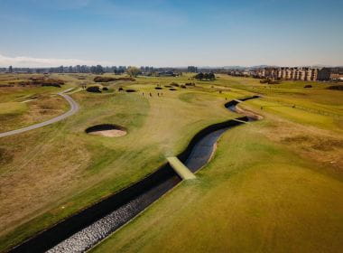 Aerial view of Carnoustie Championship Course near St Andrews, Scotland.